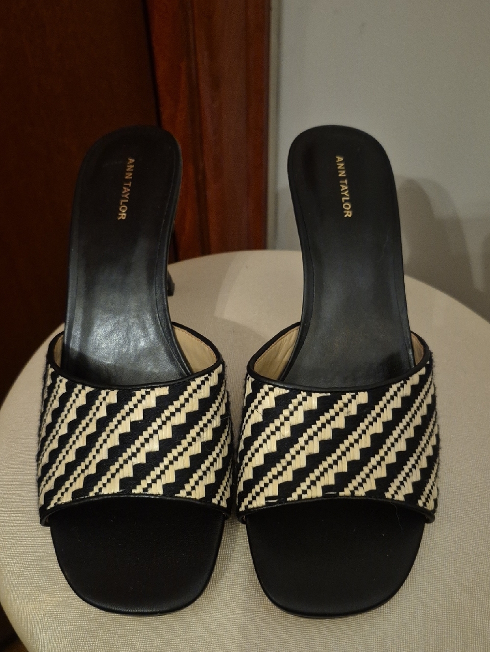 Ann Taylor Black and Cream Azra Woven Heeled  Slides